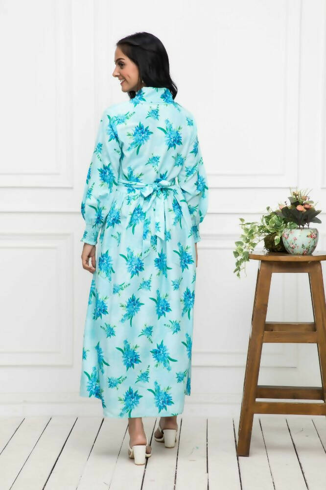 Myshka Women Blue Floral Rayon A-Line Shirt Collar Dress | Grocsy