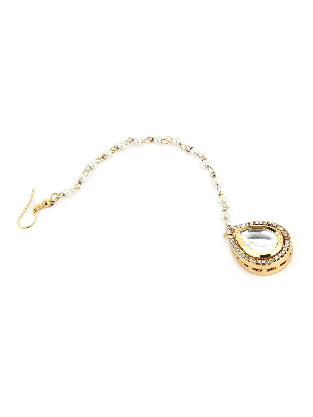 Gold-Polished White Kundan-Studded Pearl Beaded Maang Tikka - Ruby Raang | Grocsy