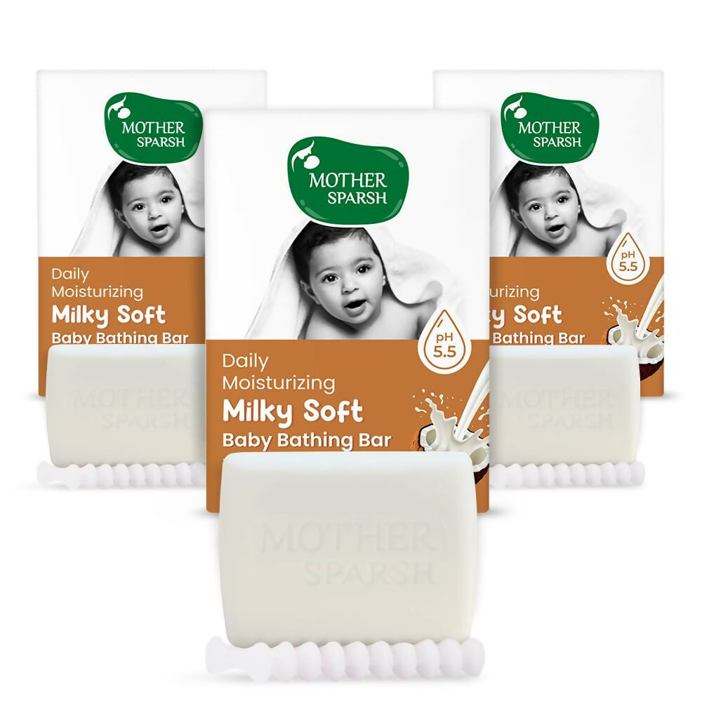 Mother Sparsh Milky Soft Baby Bathing Soap Bar For Hypoallergenic pH 5.5, Tear-Free Formulation, Prevents Dryness | Grocsy