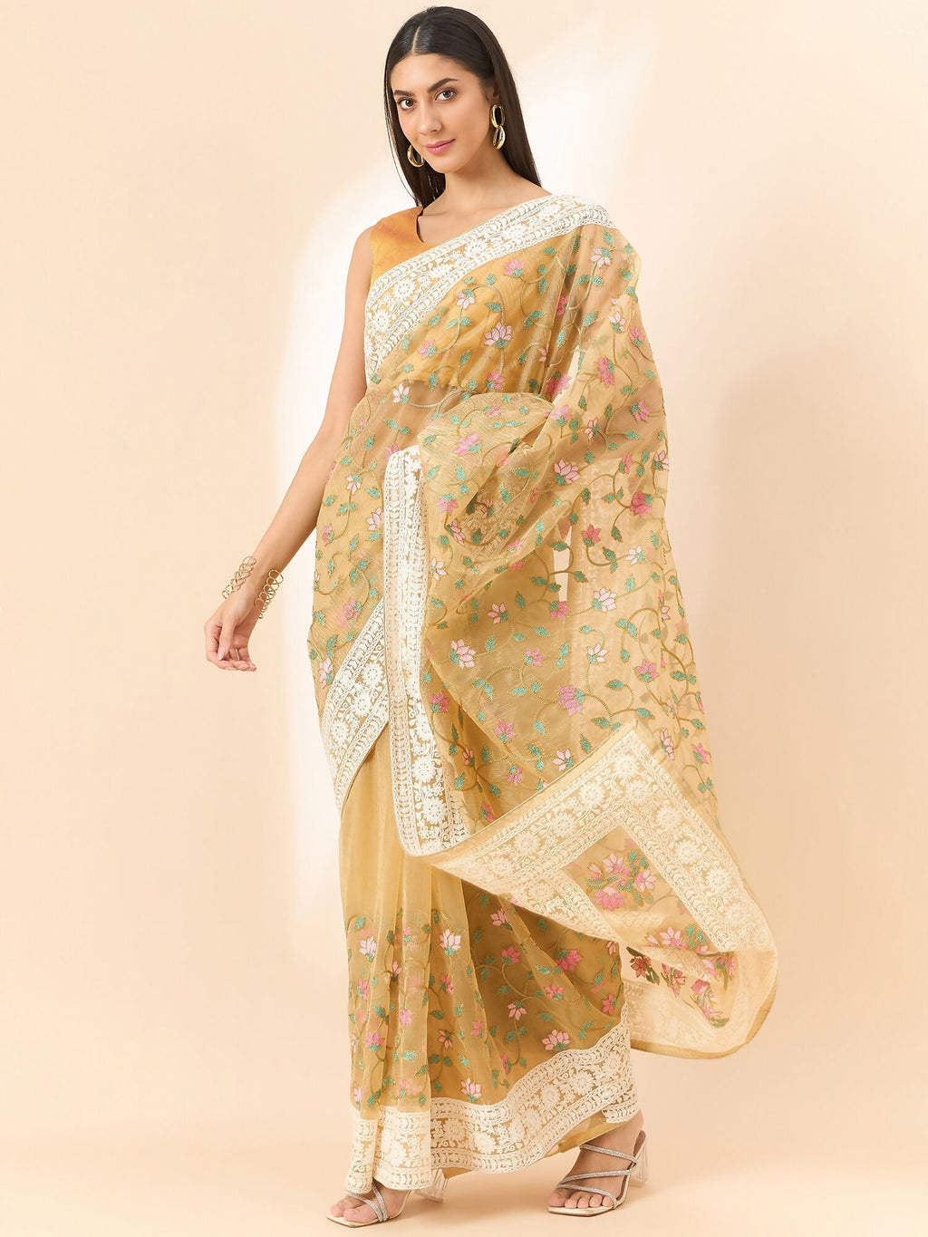 Beige Organza Floral Embroidered Saree with Unstitched Blouse Piece - Roozal | Grocsy