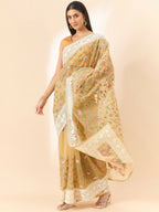 Beige Organza Floral Embroidered Saree with Unstitched Blouse Piece - Roozal | Grocsy