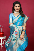 Jyoti Fashion Women's Sky Blue Paithani Silk Zari Woven Saree with Blouse | Grocsy