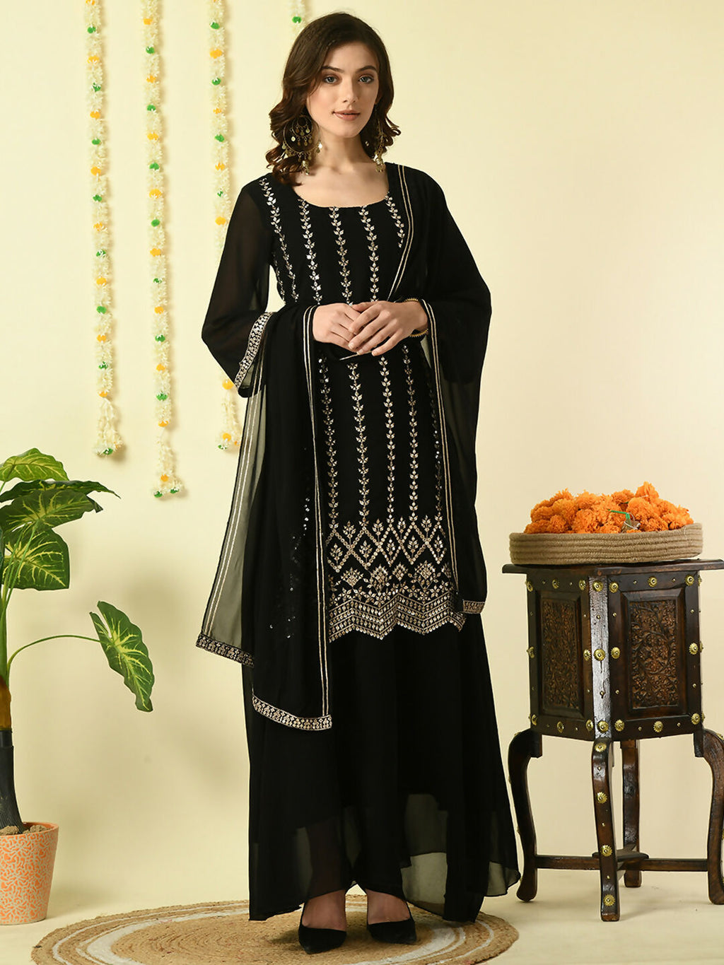 Myshka Women's Black Georgette Kurta & Skirt With Dupatta Party Sets | Grocsy