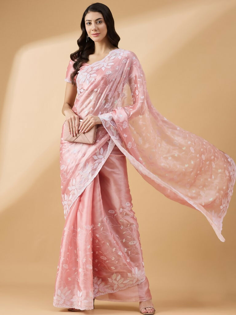 Peach Tissue Slub Embroidered Saree with Unstitched Blouse - Vairagi | Grocsy