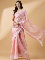 Peach Tissue Slub Embroidered Saree with Unstitched Blouse - Vairagi | Grocsy