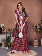 Aastha Fashion Red Linen Weaving Saree | Grocsy