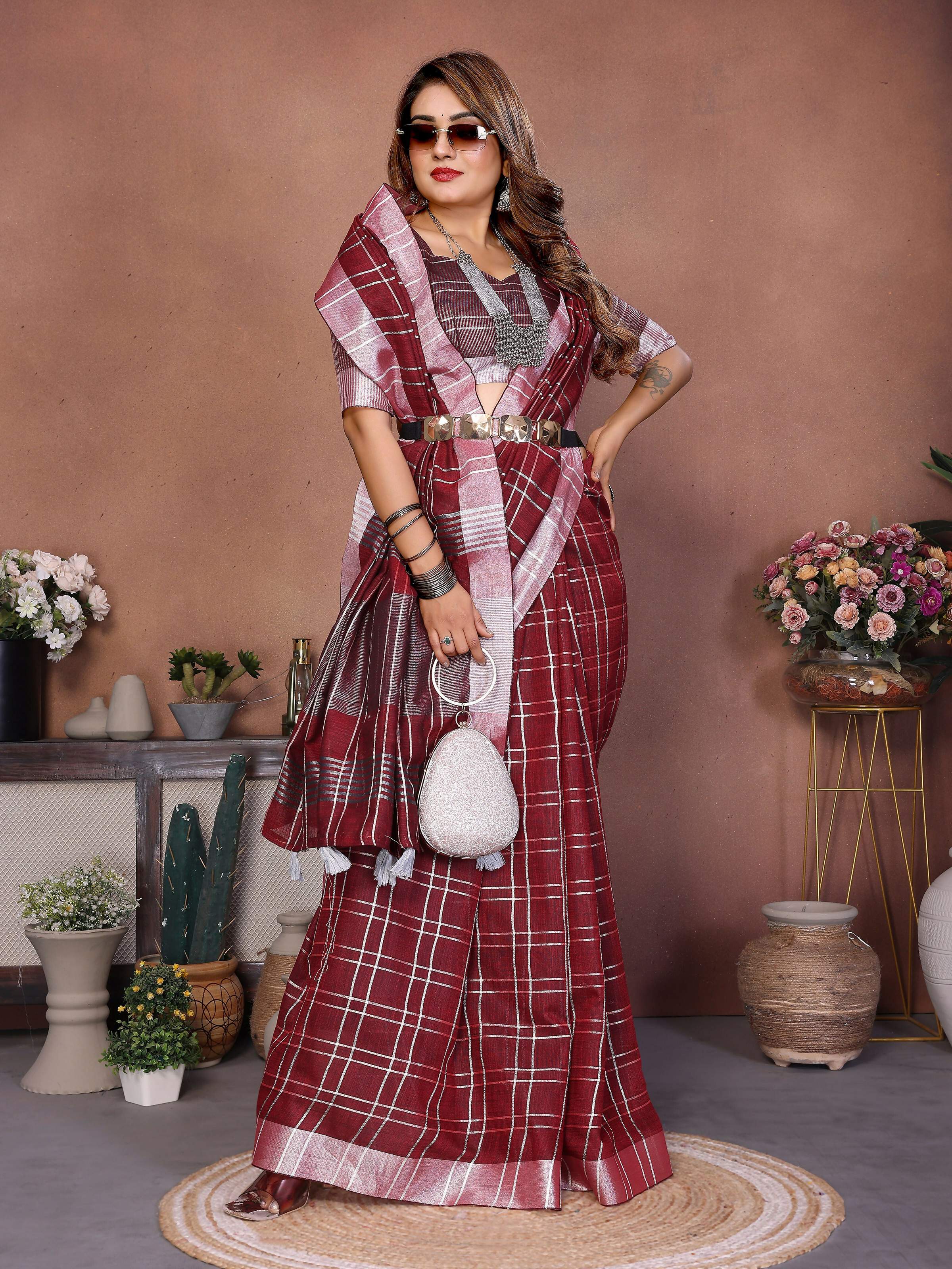 Aastha Fashion Red Linen Weaving Saree | Grocsy