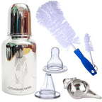 Goodmunchkins Stainless Steel Feeding Bottle with Bottle Cleaning Brush/Chakku/Anti Colic Silicone Nipple Combo-(300ml,Blue) | Grocsy