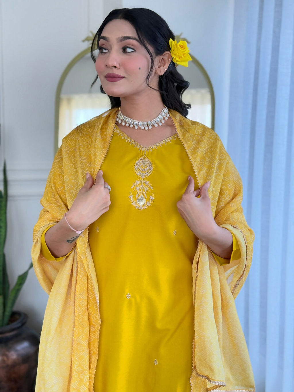 The52 Yellow Women's Beautiful Embroidered Rayon Fabric with Straight Kurta, Pant and Dupatta Set | Grocsy