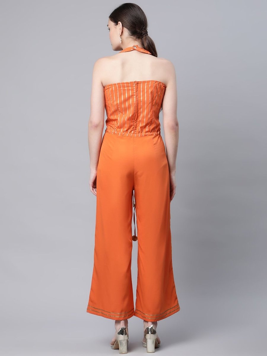 Ahalyaa Womens Orange Crepe Gold Stripped Print Jumpsuit | Grocsy