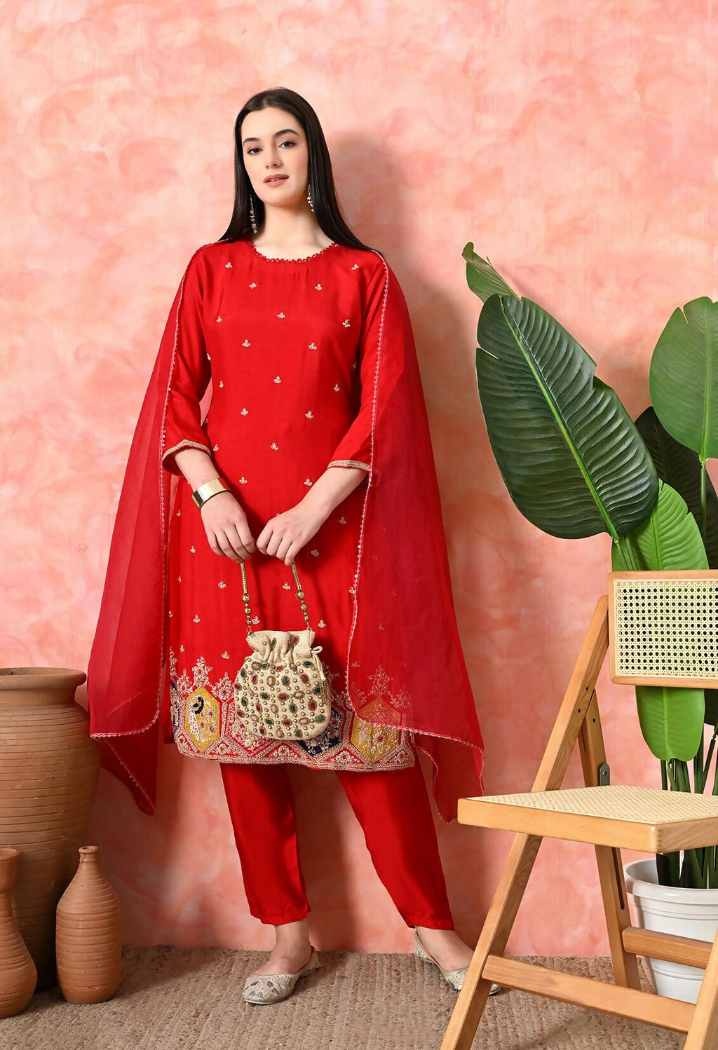 Joban Fashion Red Premium Pure Viscose Print Dola With Handwork Kurta Set | Grocsy