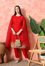Joban Fashion Red Premium Pure Viscose Print Dola With Handwork Kurta Set | Grocsy