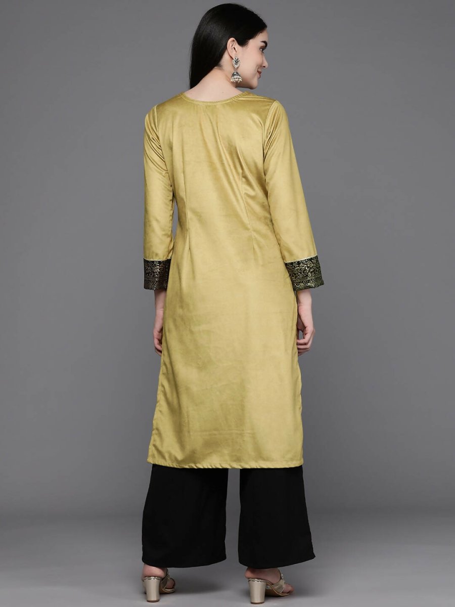 Ahalyaa Women Floral Yoke Design Gotta Patti Velvet Kurta - Mustard Color | Grocsy