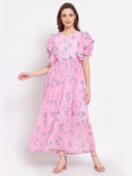 Myshka Women's Pink Printed Georgette Half Sleeve Round Neck Casual Dress | Grocsy