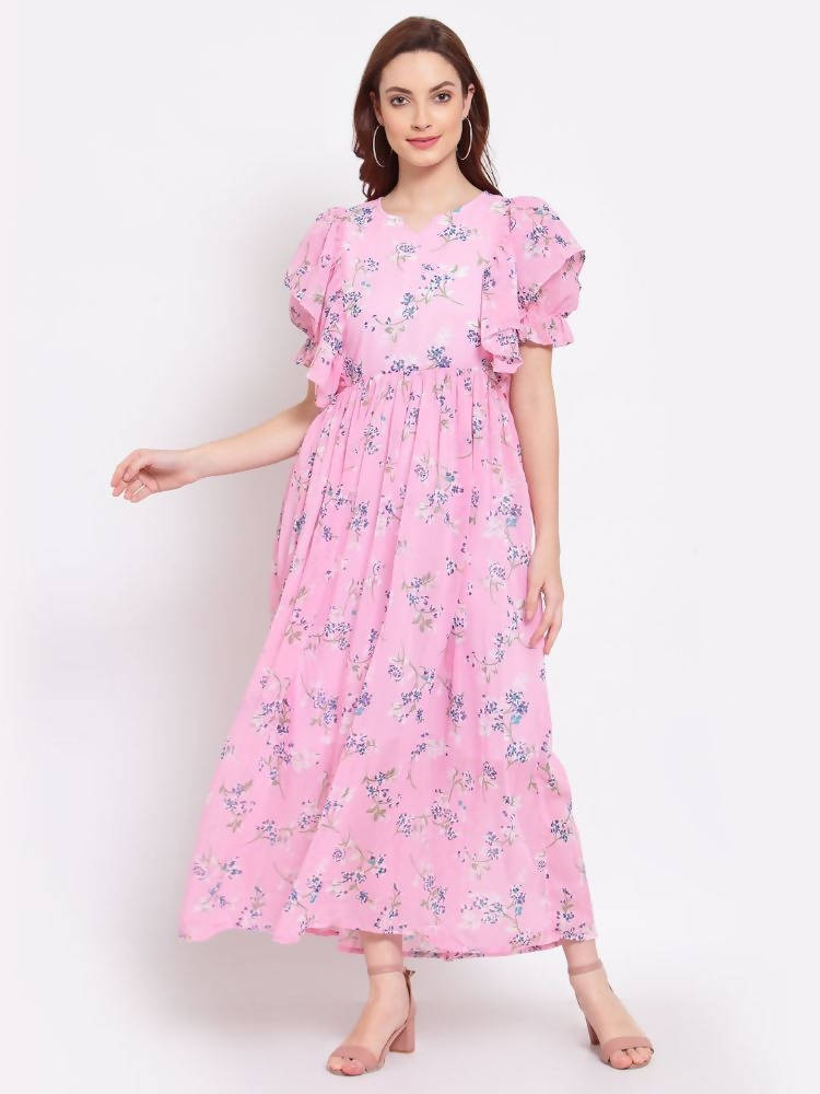 Myshka Women's Pink Printed Georgette Half Sleeve Round Neck Casual Dress | Grocsy