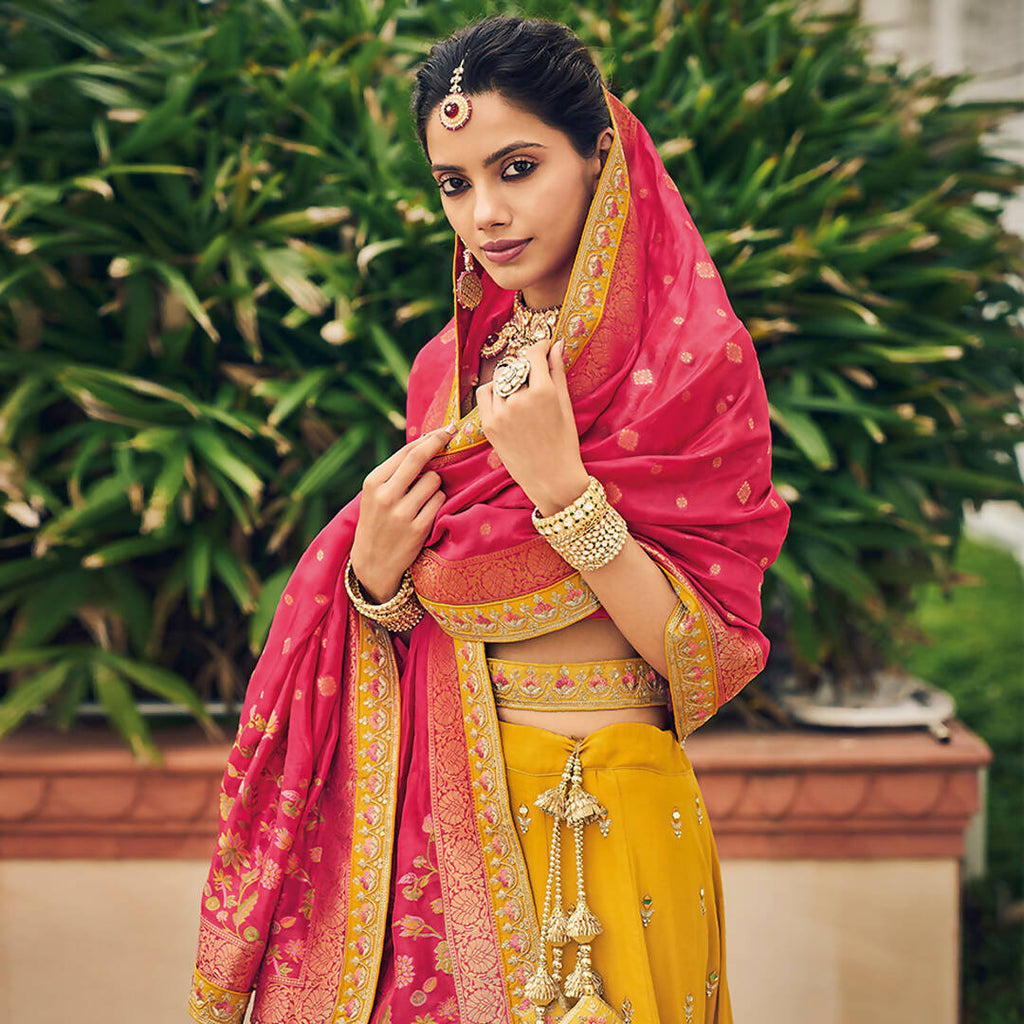 Yellow Heavy Viscose Khatli, Embroidery & Mirror Work Unstitched Lehenga Choli - Sisha Keshav | Grocsy