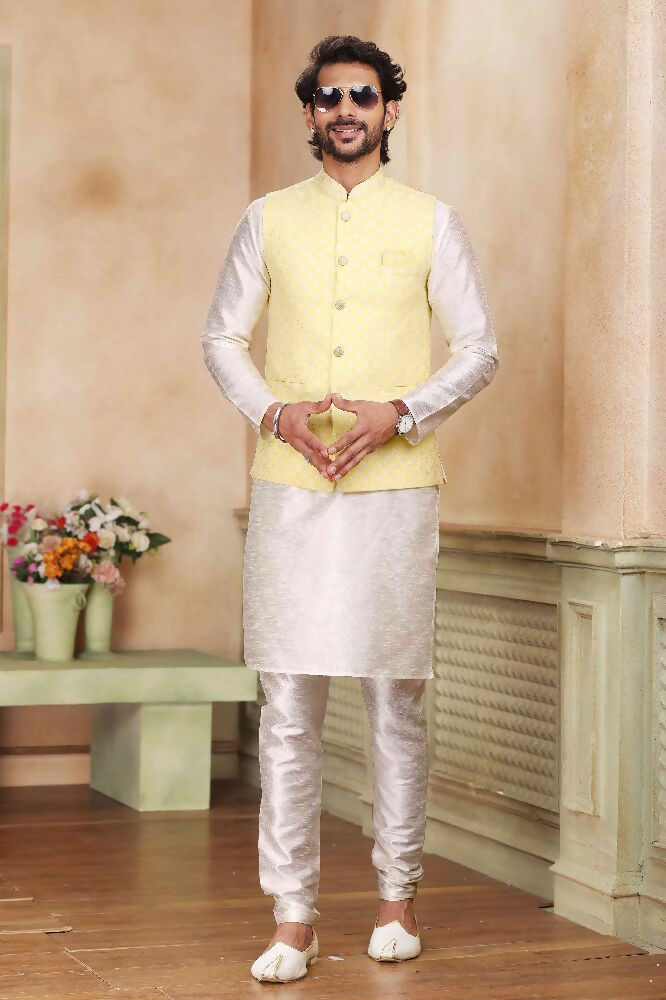 Raivat Ethnic Jacquard Banarasi Silk Woven Work 3 Pics Jacket Set In Yellow Colour | Grocsy