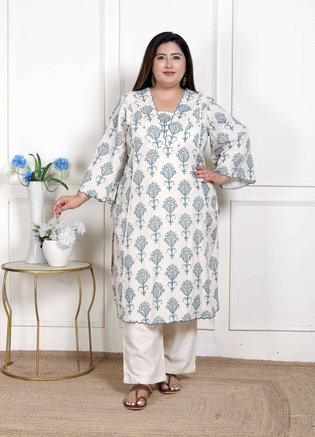 Miravan Women's Plus Size Off White Floral Printed Cotton Flex Kurta with Pant | Grocsy