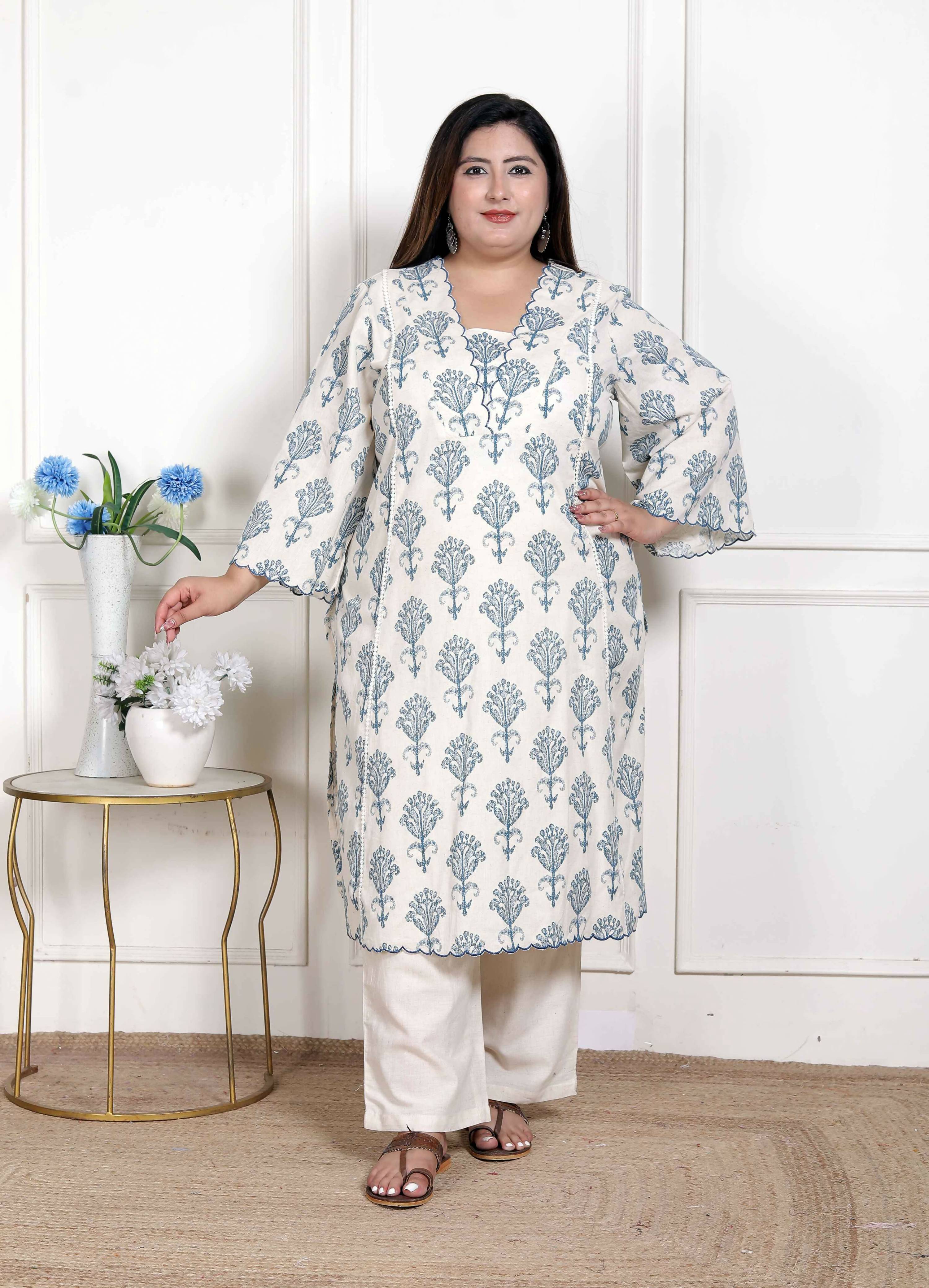 Miravan Women's Plus Size Off White Floral Printed Cotton Flex Kurta with Pant | Grocsy