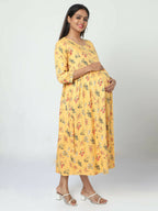 Manet Three Fourth Maternity Dress Floral Print With Concealed Zipper Nursing Access - Yellow | Grocsy