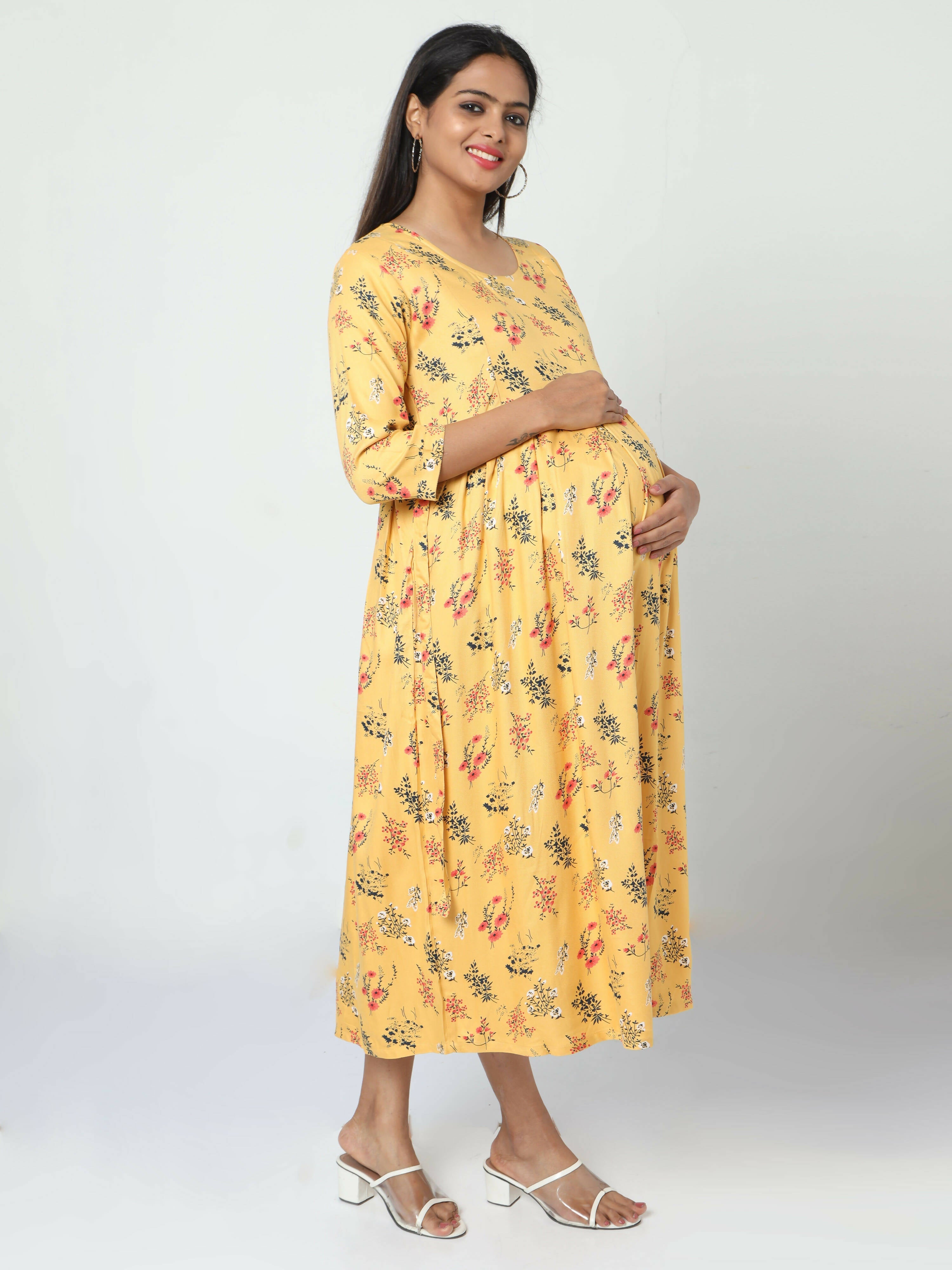 Manet Three Fourth Maternity Dress Floral Print With Concealed Zipper Nursing Access - Yellow | Grocsy