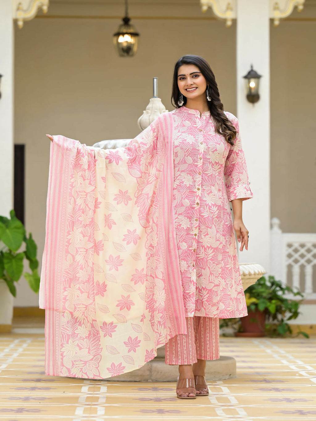 Juniper Women's Pink Floral Printed Cotton Kurta Set With Buttons | Grocsy