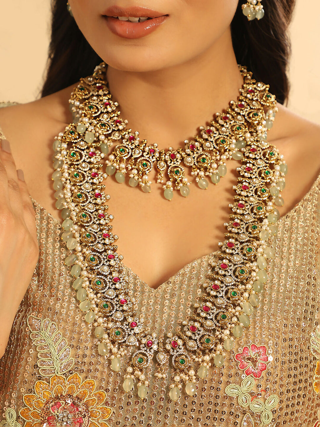 Nuyug 18K Gold Plated Divine Gold Tone Beaded Long Necklace Set | Grocsy