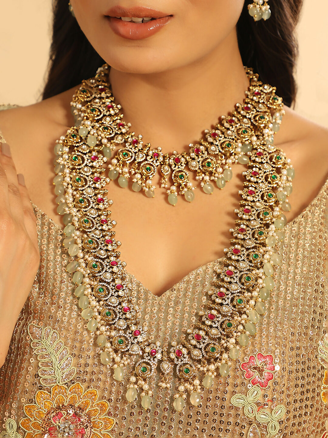 Nuyug 18K Gold Plated Divine Gold Tone Beaded Long Necklace Set | Grocsy