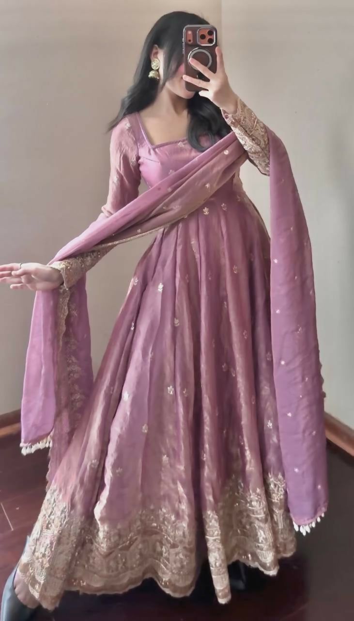 Teeya Creation Onion Fendy Silk Designer Heavy Work Wedding Wear Long Gown | Grocsy