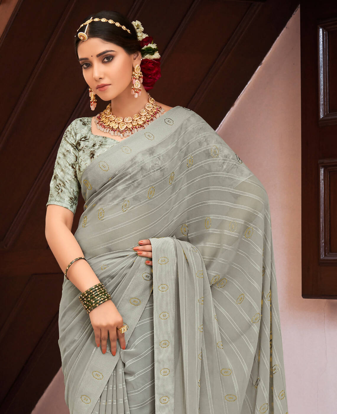 Grey Georgette Swaroski Work Saree With Unstitched Blouse Piece - Juhi | Grocsy