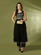 Myshka Women's Black Embroidered Georgette Anarkali Party Kurta Set | Grocsy
