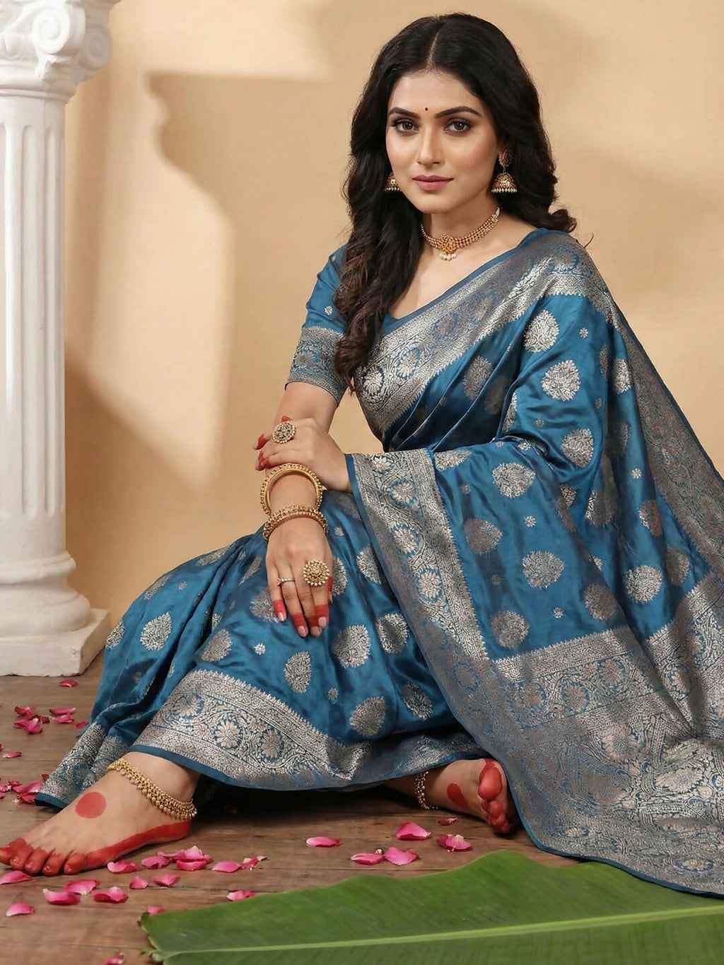 Shree Shyam Fashion Teal Blue Silk Blend Saree | Grocsy