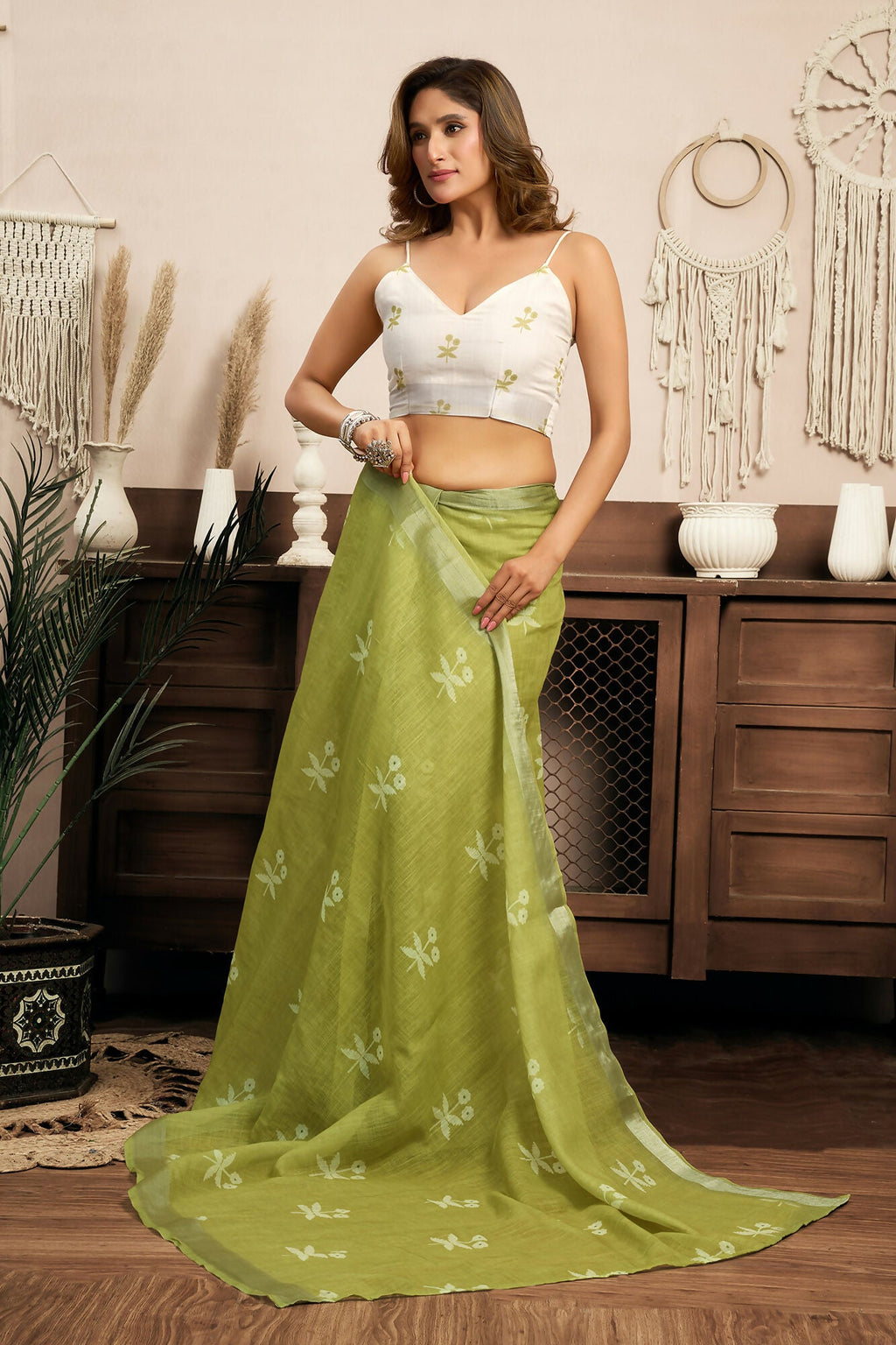 Vastranavya Mehendi Digital Printed Linen Ready To Wear Designer Saree with Unstitched Blouse | Grocsy