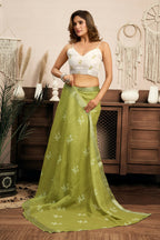 Vastranavya Mehendi Digital Printed Linen Ready To Wear Designer Saree with Unstitched Blouse | Grocsy