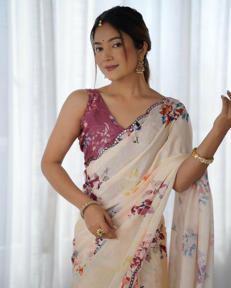 Peach Chinon Designer Digital Printed & Mirror Cut Work Saree - Kriti | Grocsy