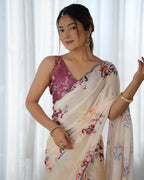 Peach Chinon Designer Digital Printed & Mirror Cut Work Saree - Kriti | Grocsy