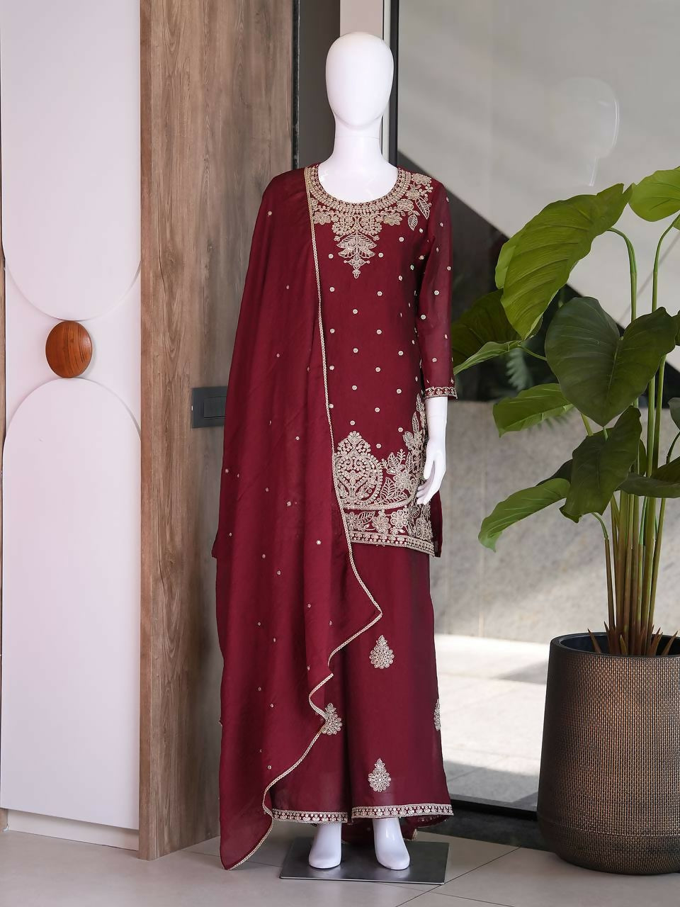 Teeya Creation New Latest Stylish Kurta Palazzo Set - Red | Grocsy