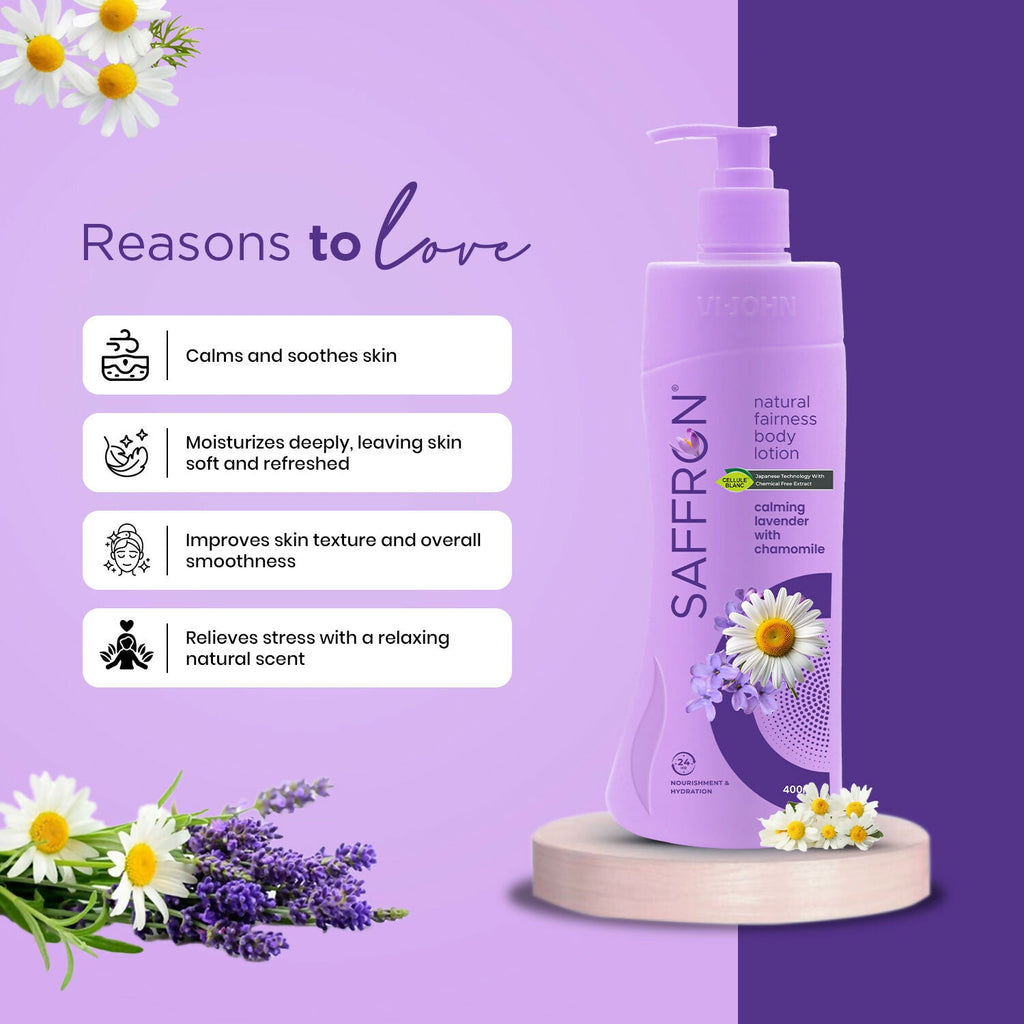 VI-JOHN Saffron Natural Fairness Body Lotion Calming Lavender with Chamomile Natural Moisturiser For Soft, Even-Toned & Radiant Skin Suitable for All Skin Types | Grocsy