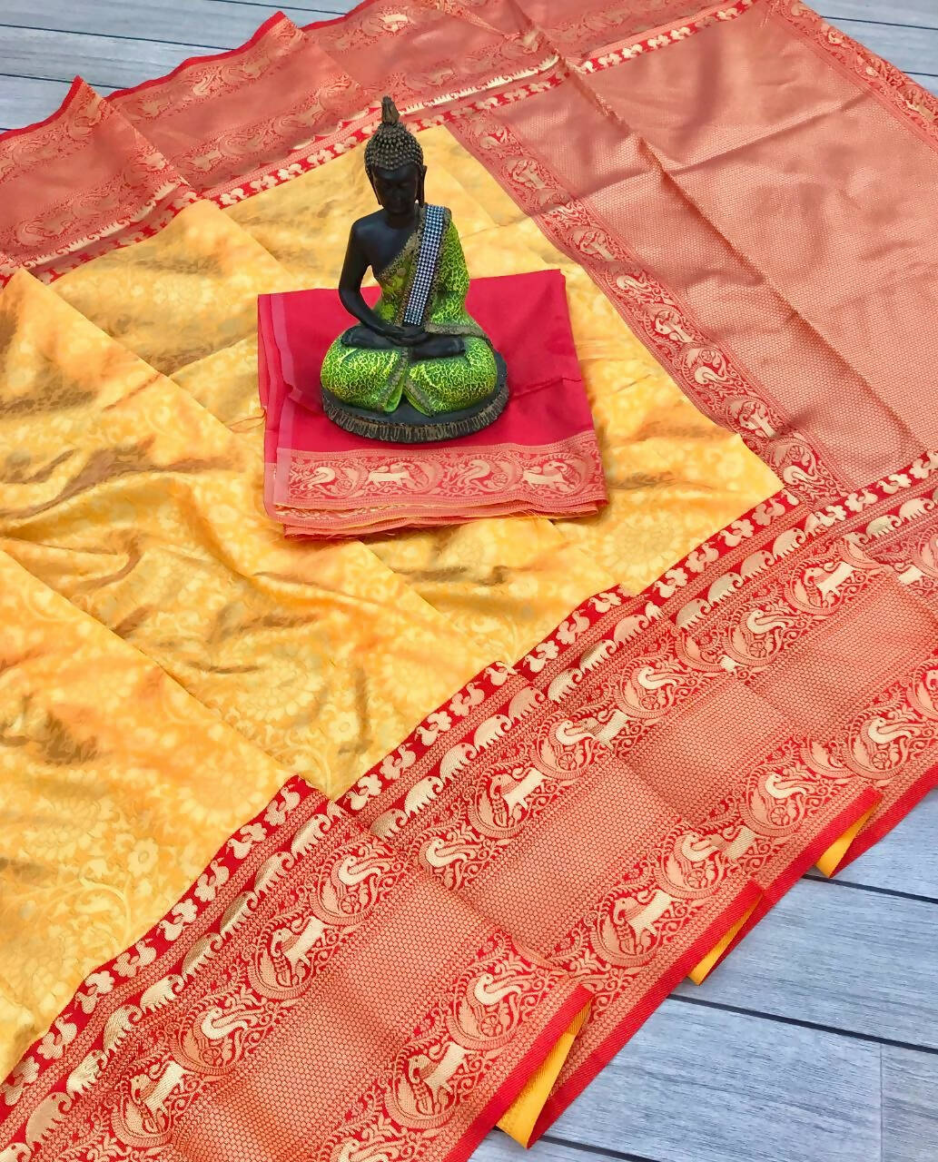 DEIANA'S Beautiful Designer Golden zari Soft Lichi Silk Saree - Yellow | Grocsy