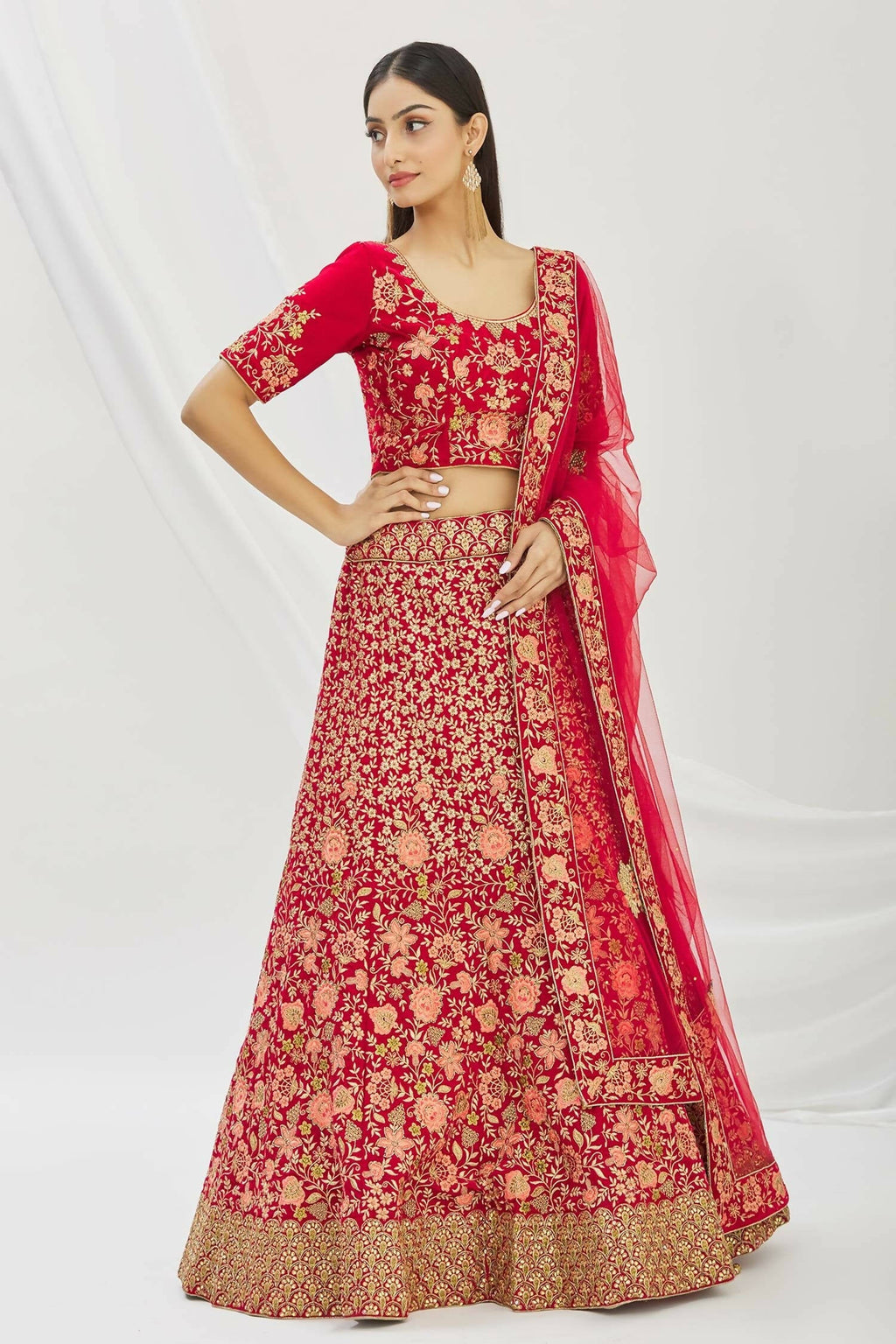 Red Velvet Semi-Stitched Wedding Bridal Lehenga - Nimaya | Grocsy