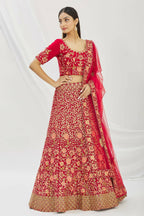 Red Velvet Semi-Stitched Wedding Bridal Lehenga - Nimaya | Grocsy