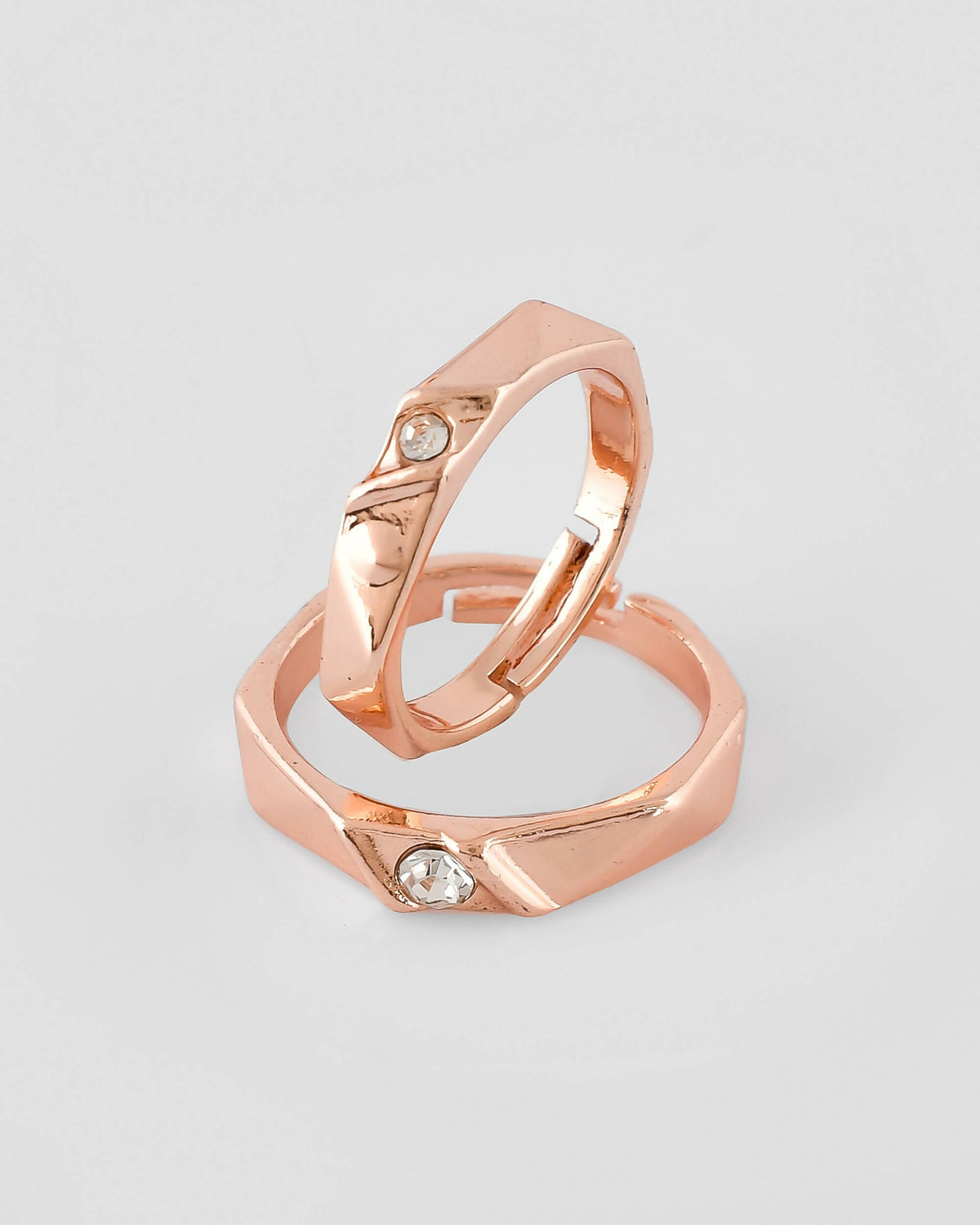 VOJ Stainless Steel Cubic Zirconia Rose Gold-Polished Adjustable Ring Set for Couple | Grocsy