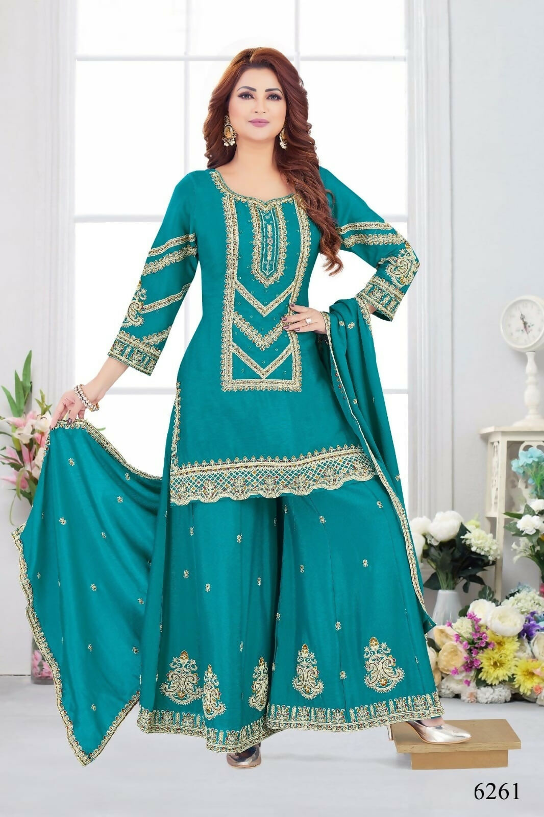 Joban Fashion Chinon Silk Rama Green Color Kurta Set | Grocsy