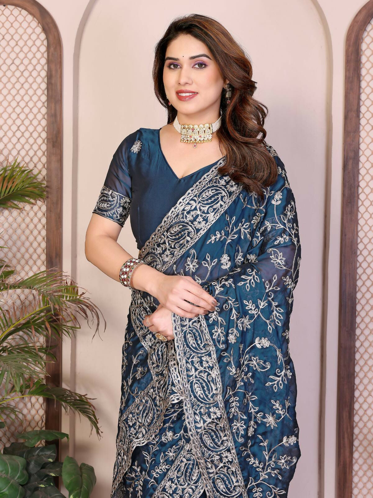 Teeya Creation New Trendy Party Wear Soft Silk Saree-Blue | Grocsy