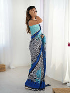 Blue Chinon Designer Digital Printed,Mirror Cut Work Saree - Manvika | Grocsy