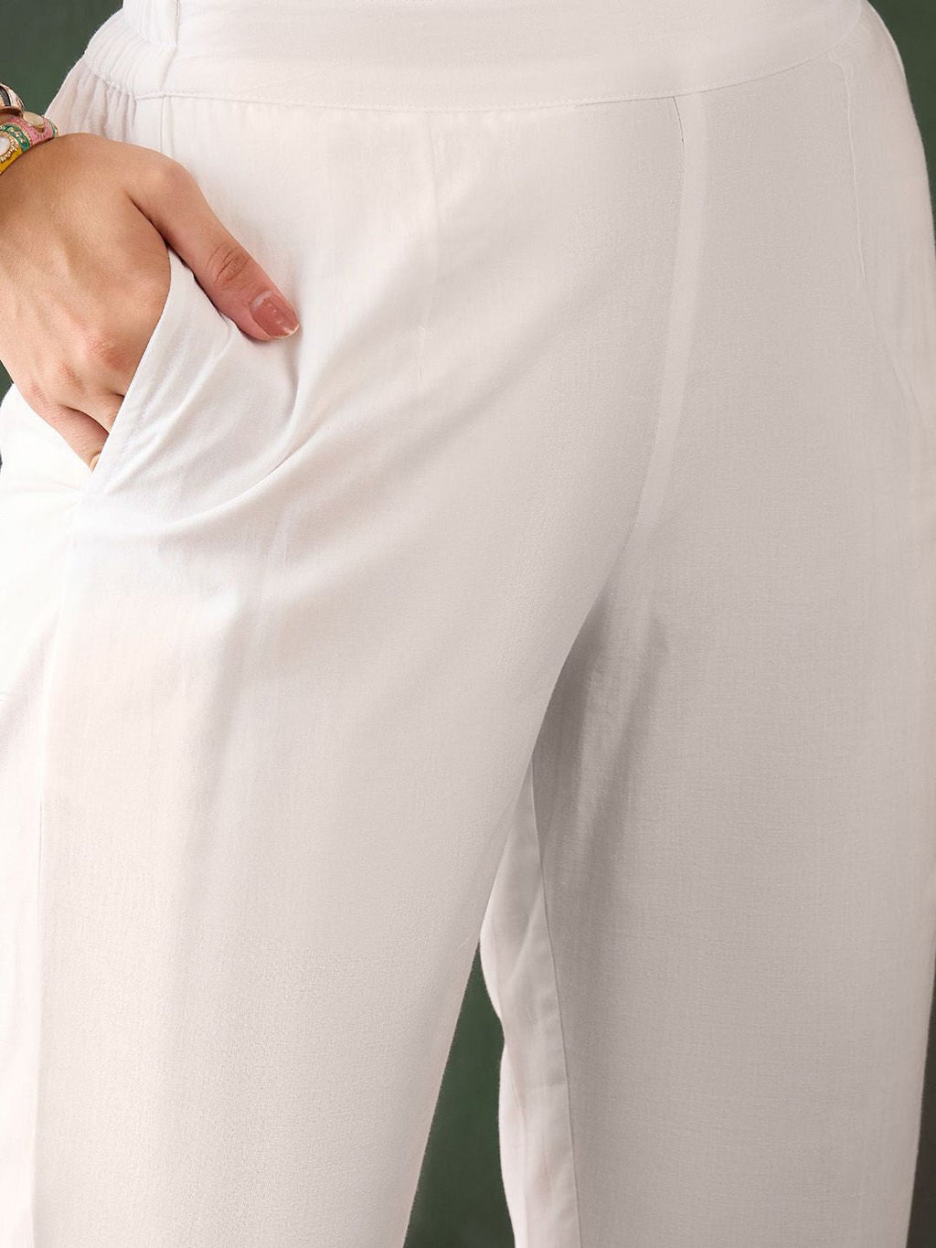 Sangria White Floral Embroidered V-Neck Mirror Work Pure Cotton Kurta with Trousers | Grocsy