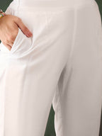 Sangria White Floral Embroidered V-Neck Mirror Work Pure Cotton Kurta with Trousers | Grocsy