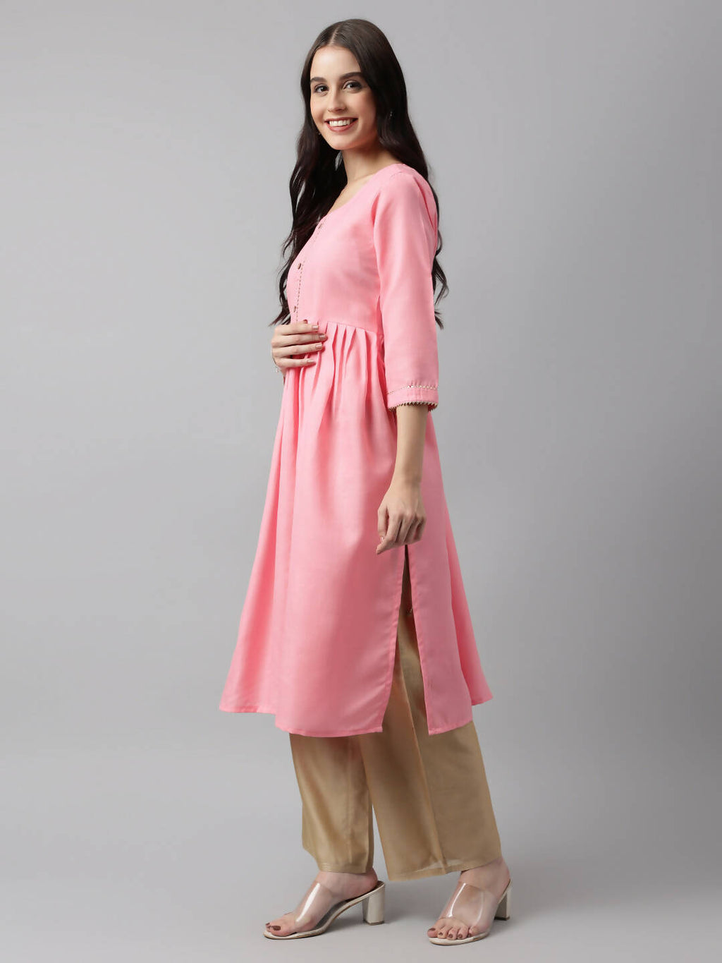 Pink Poly Cotton Solid Nayra Cut Kurta - Tirtha | Grocsy