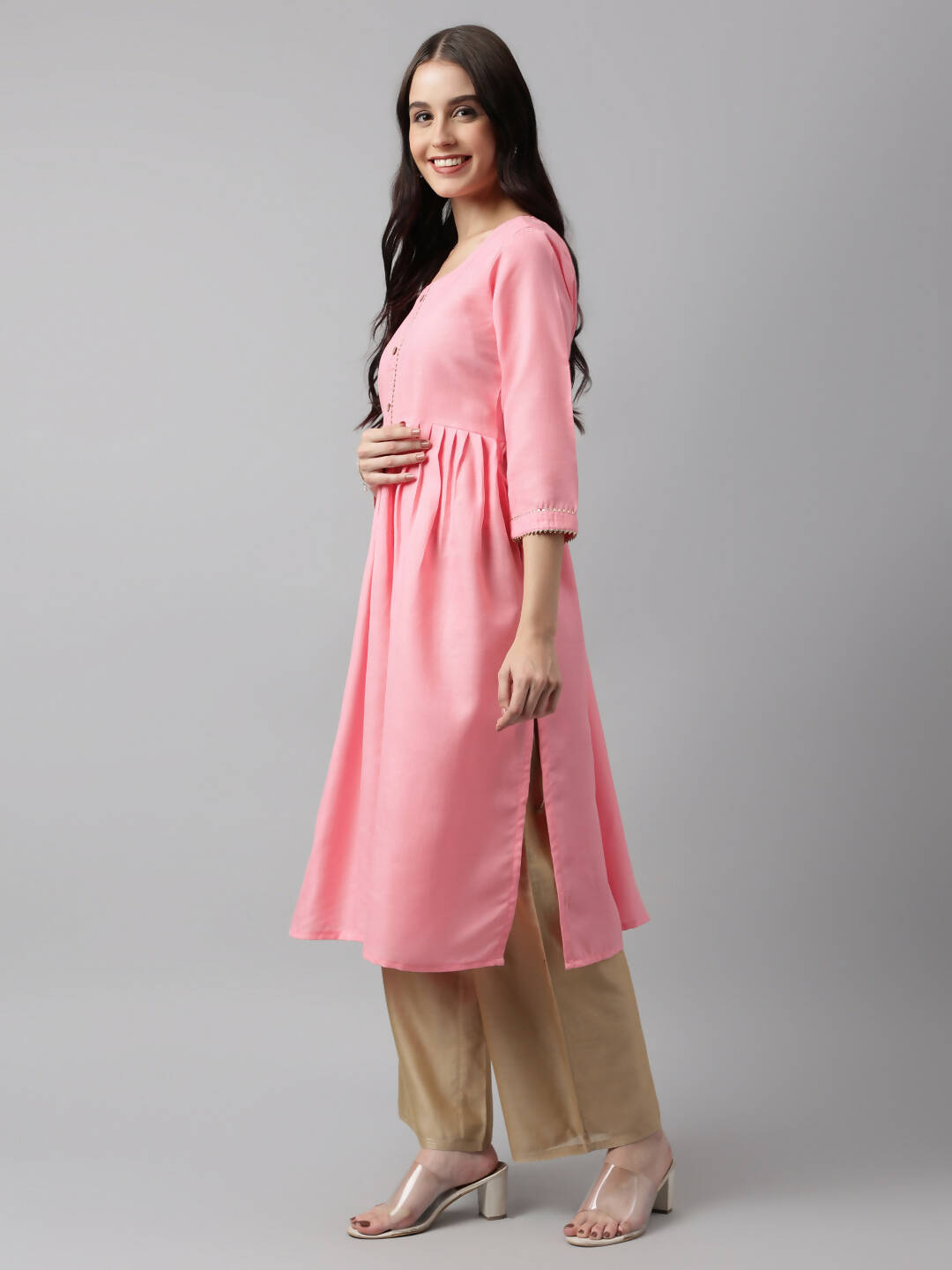Pink Poly Cotton Solid Nayra Cut Kurta - Tirtha | Grocsy