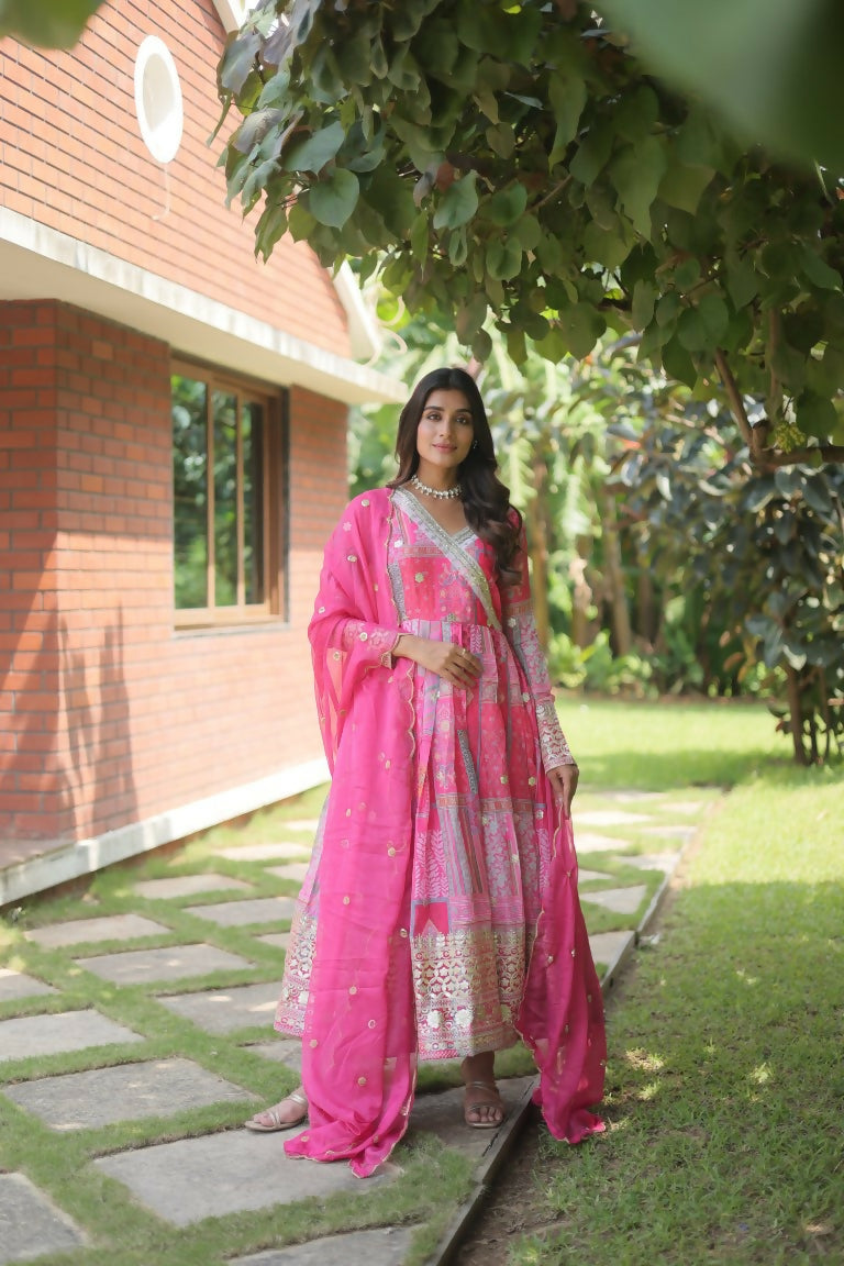 Jyoti Fashion Women's Pink Russian Silk Digital Print with Embroidered Anarkali Dress with Dupatta | Grocsy